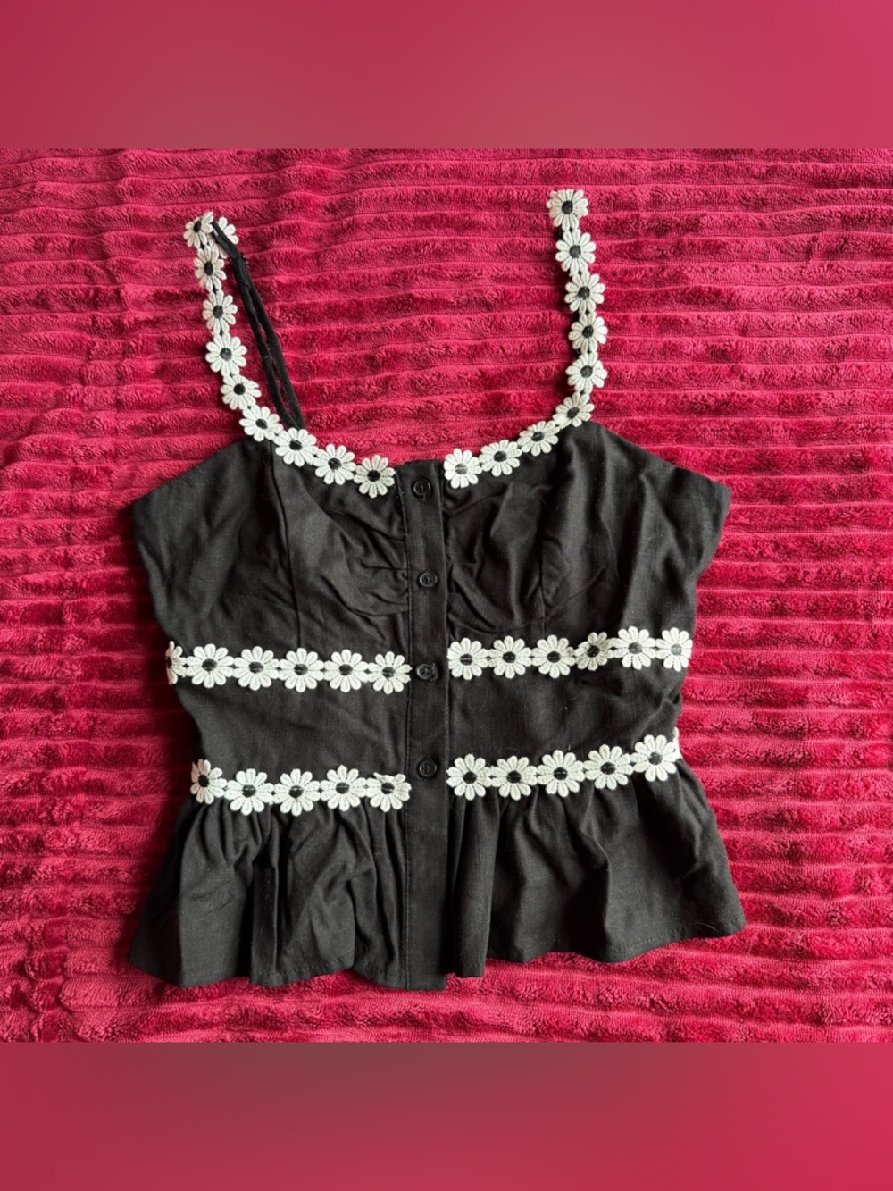 Altar’d State Black Floral-Trim Button Front Peplum Adjustable Strap Tank Top